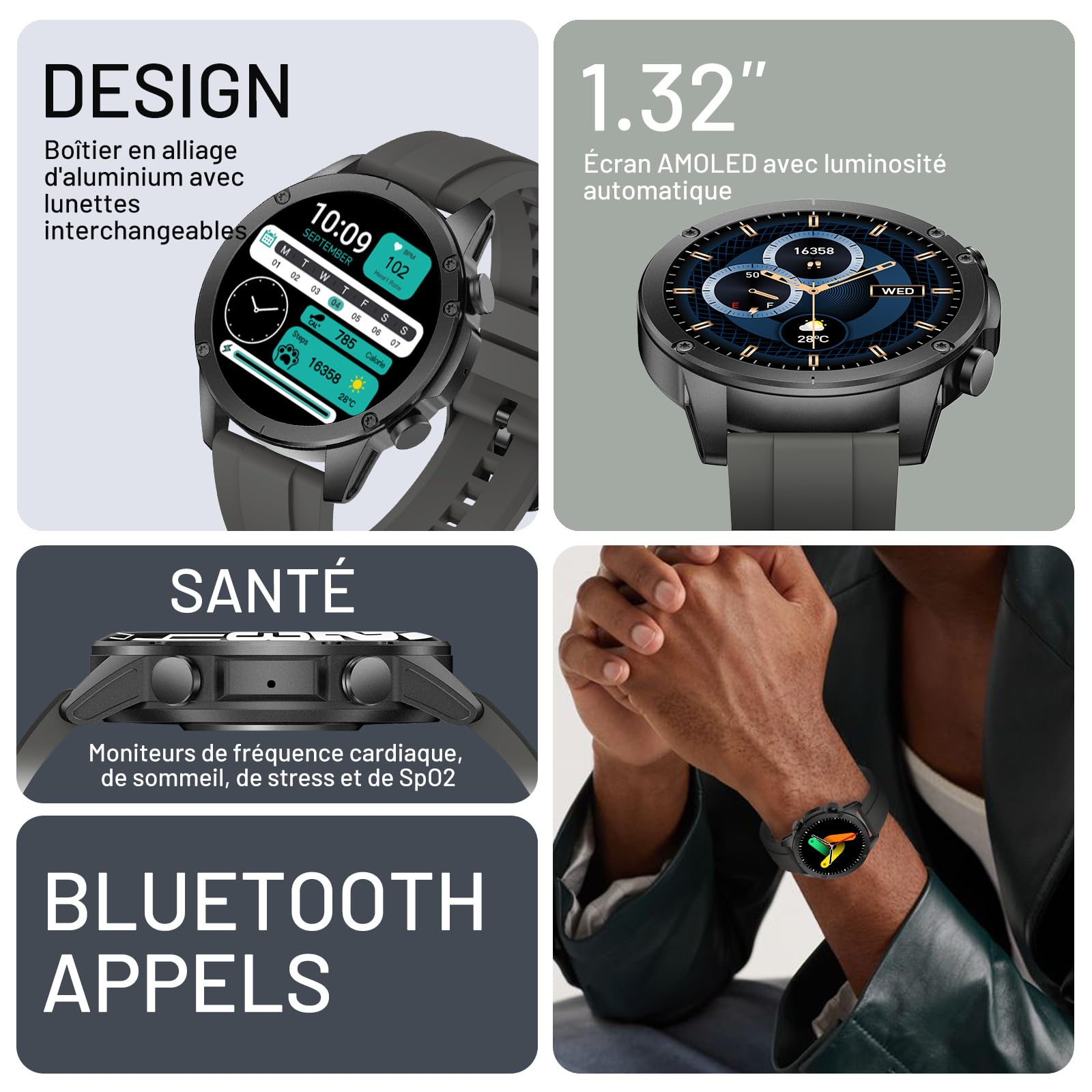 Montre Connectée Homme avec Appels Bluetooth, 1.43" AMOLED Smartwatch avec 120+ Modes Sportifs, Etanche IP68 Montre Connectee avec Podometre/Cardiofrequencemetre/Moniteur de Sommeil pour Android/iOS