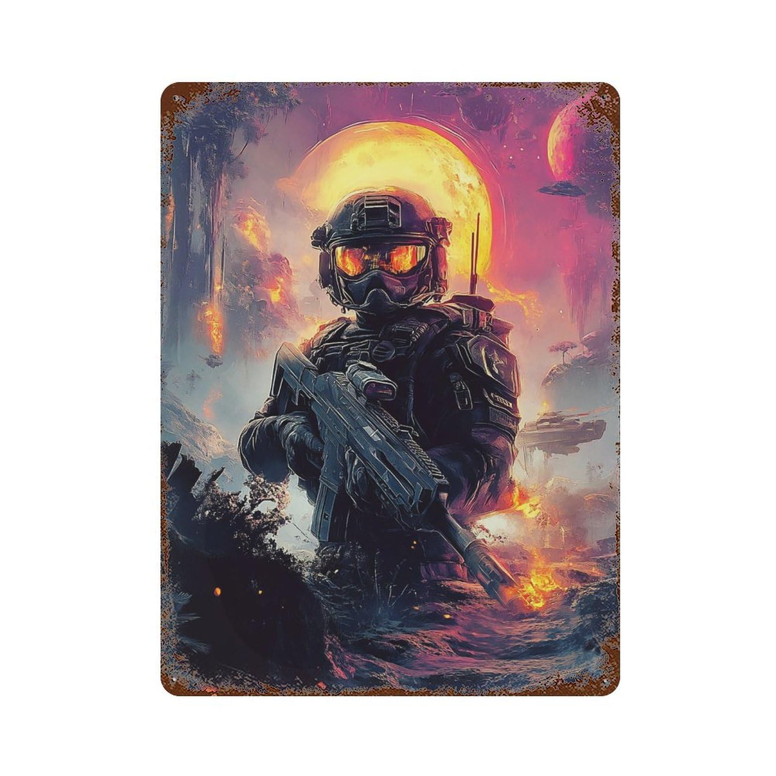 Sci-Fi Soldier with Gun Rustic Tin Plaque 15.7"x11.8", Industrial Home Decor for Pub, Kitchen And Man Cave Decor