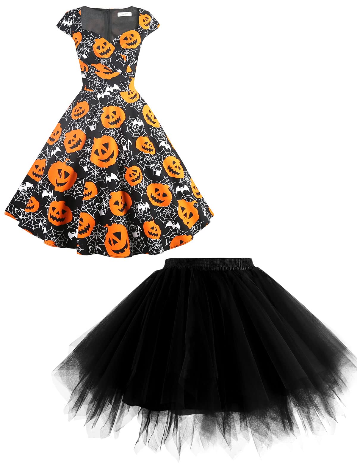 Hanpceirs Women's Cap Sleeve Vintage Dress Pumpkin 2X + 1950s Tutu Skirt Halloween Cosplay Christmas Party Black 2X/3X