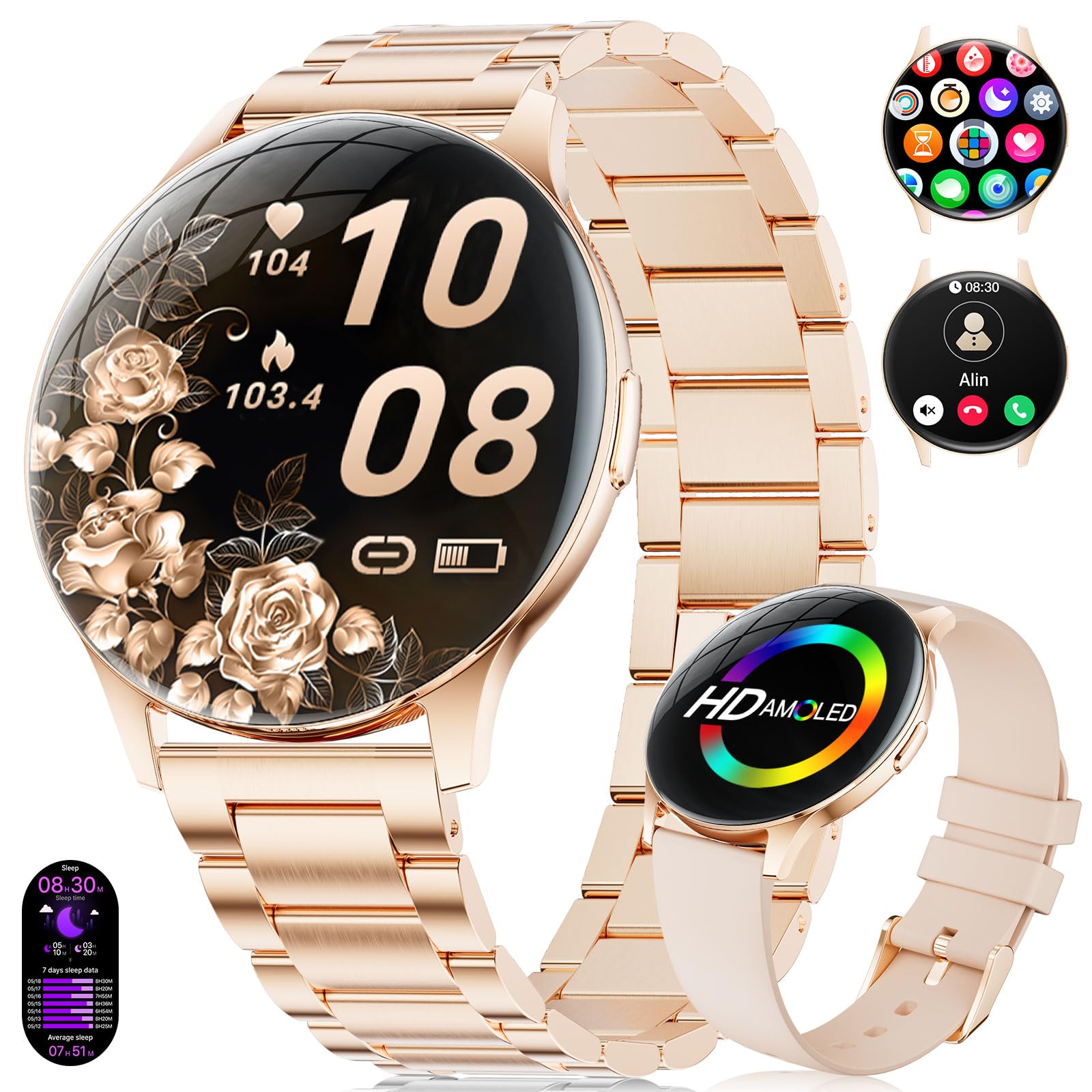 BENYAR SMART Smartwatch Damen 2026 mit Anrufen - 7,99 mm Ultra-Dünne Elegante Fitness Armbanduhr mit 1,43 Zoll HD Always-On Display, IP68 Wasserdicht, 100+ Sportmodi, Frauengesundheit für iOS Android