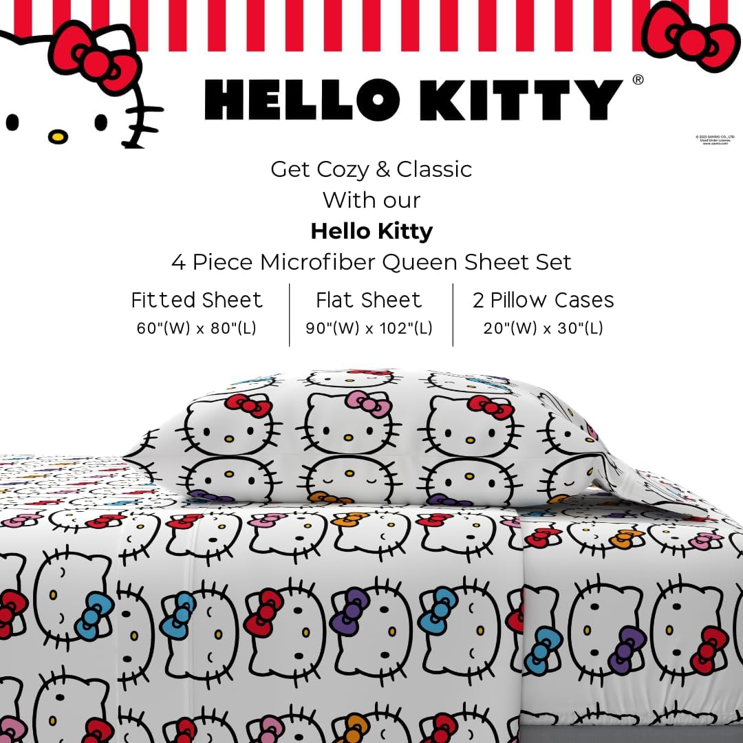 Hello Kitty Bows Bedding Super Soft Cozy Microfiber 4 Piece Queen Sheet Set, (Officially Licensed Product) By Franco