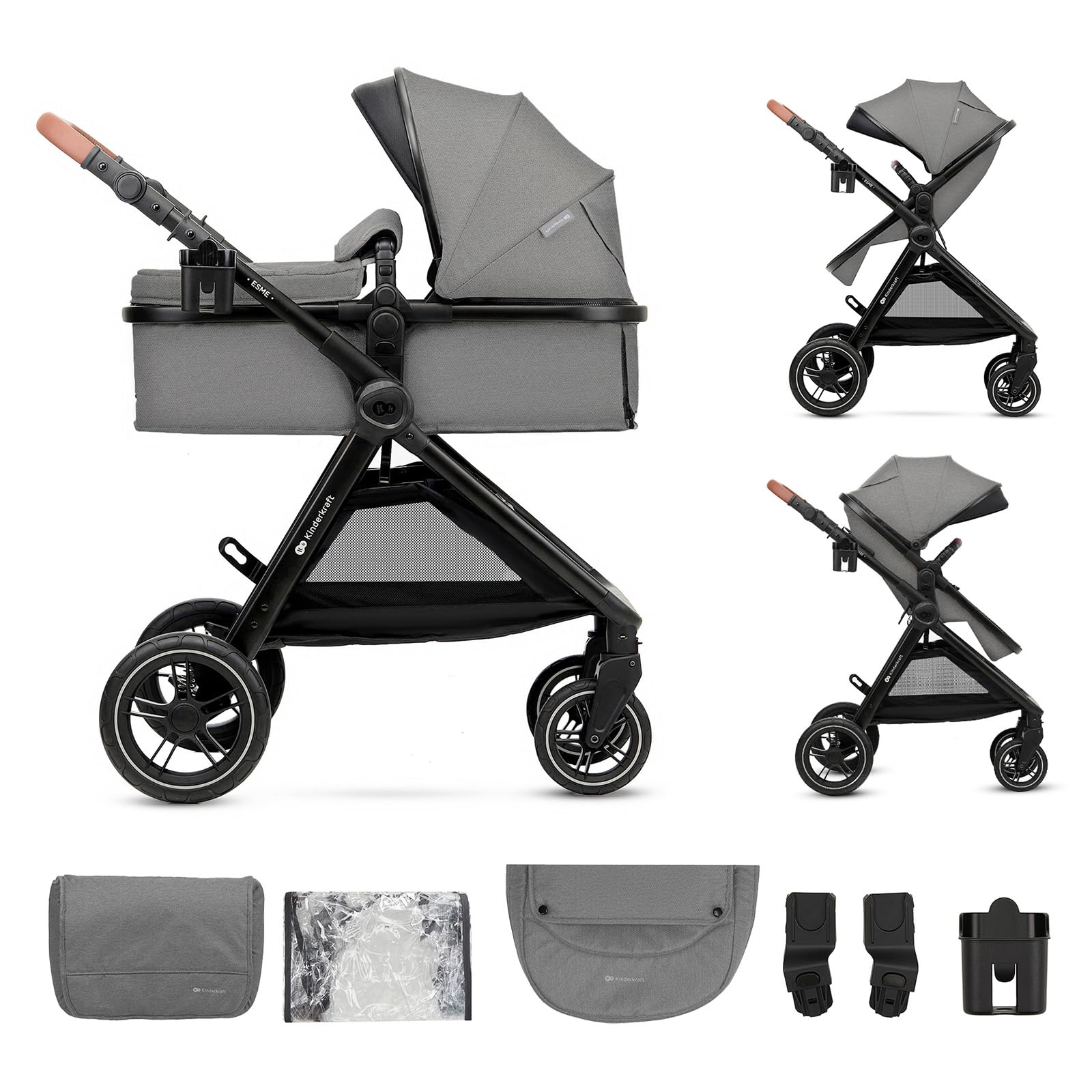 Kinderkraft ESME 2-in-1 Kinderwagen bis 25 kg, Babywanne & Sportsitz, Travel System mit Adaptern, große gefederte TPE-Räder, komplett mit Zubehör, kompakt faltbar, Grau