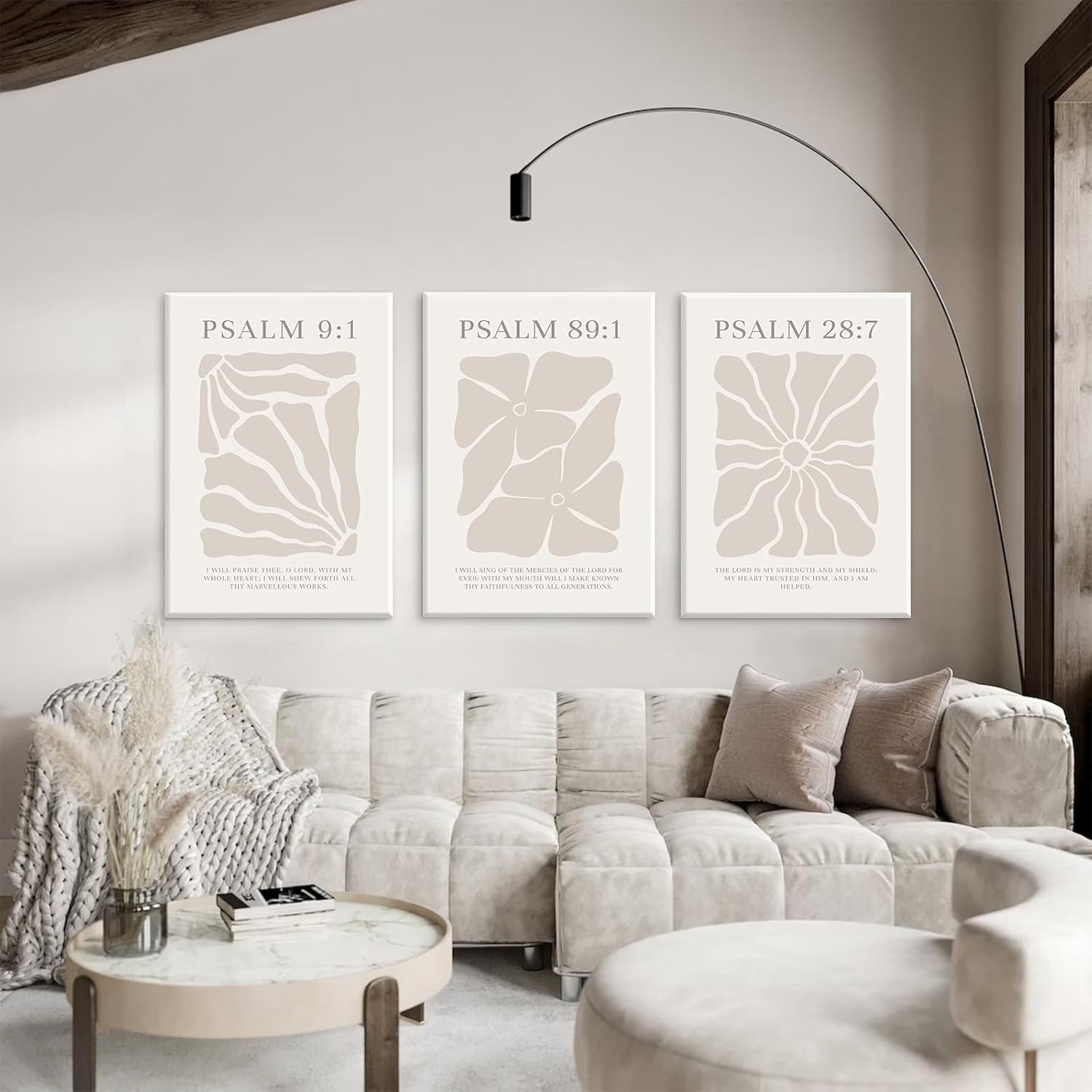 Scripture Christian Wall Art Set of 3 Beige Bible Verses Wall Decor Neutral Psalm Canvas Wall Art Modern Pictures Flower Prints Christian Artwork for Living Room Bedroom 12x16 Inch Ready to Hang