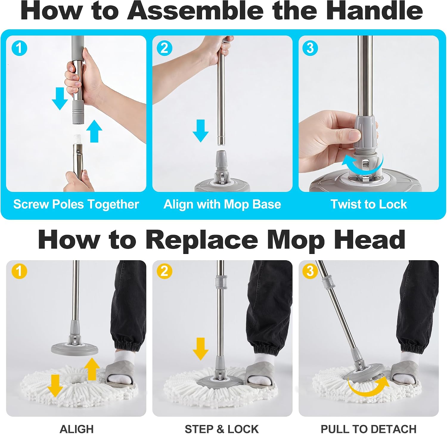 JOYMOOP Spin Mop and Bucket Set, 360° Mop Head & Telescopic Handle, 3 Reusable Microfiber Pads, Wet and Dry Use, Hands-Free Cleaning for Hardwood, Tile, Laminate Floors & Walls