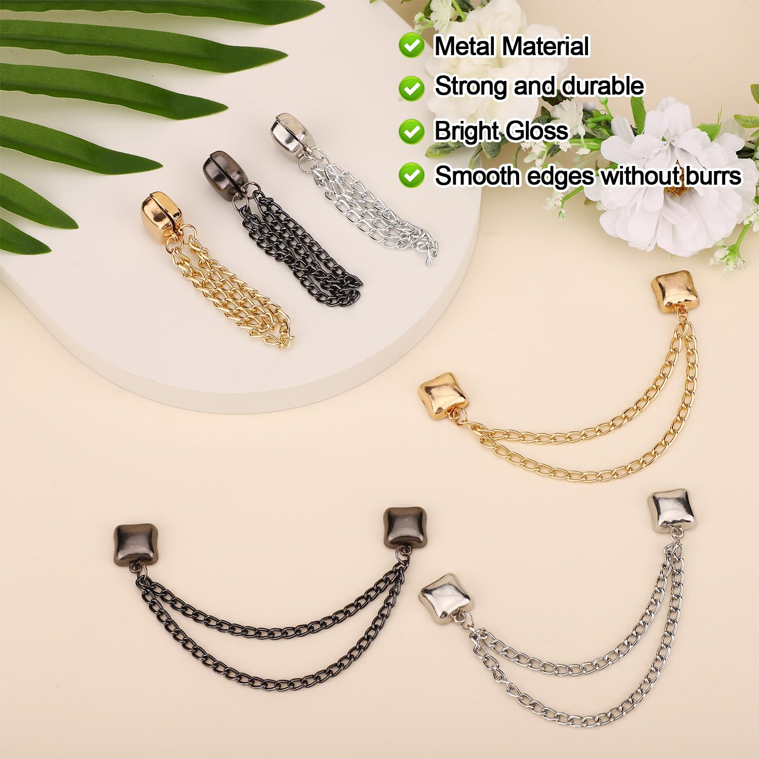 6pcs Magnet Apparel Pins, Alloy Clips with Chain for Fixing Shirts Cuff Long Pants Legs (Square), gold, silver, and gunmetal, Medium - Image 3