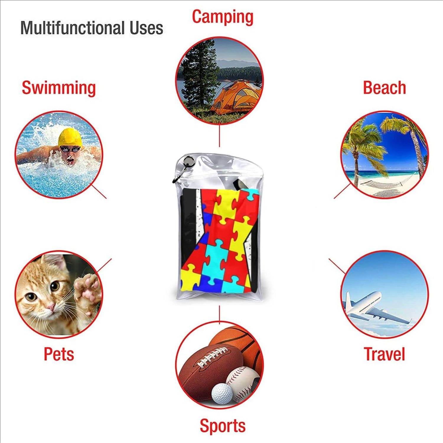 Autism Awareness American Flag Beach Towel Oversized, Microfiber Beach Towel with Pocket Sand Free Beach Blanket Lightweight Thin Towels 31.5"X63"