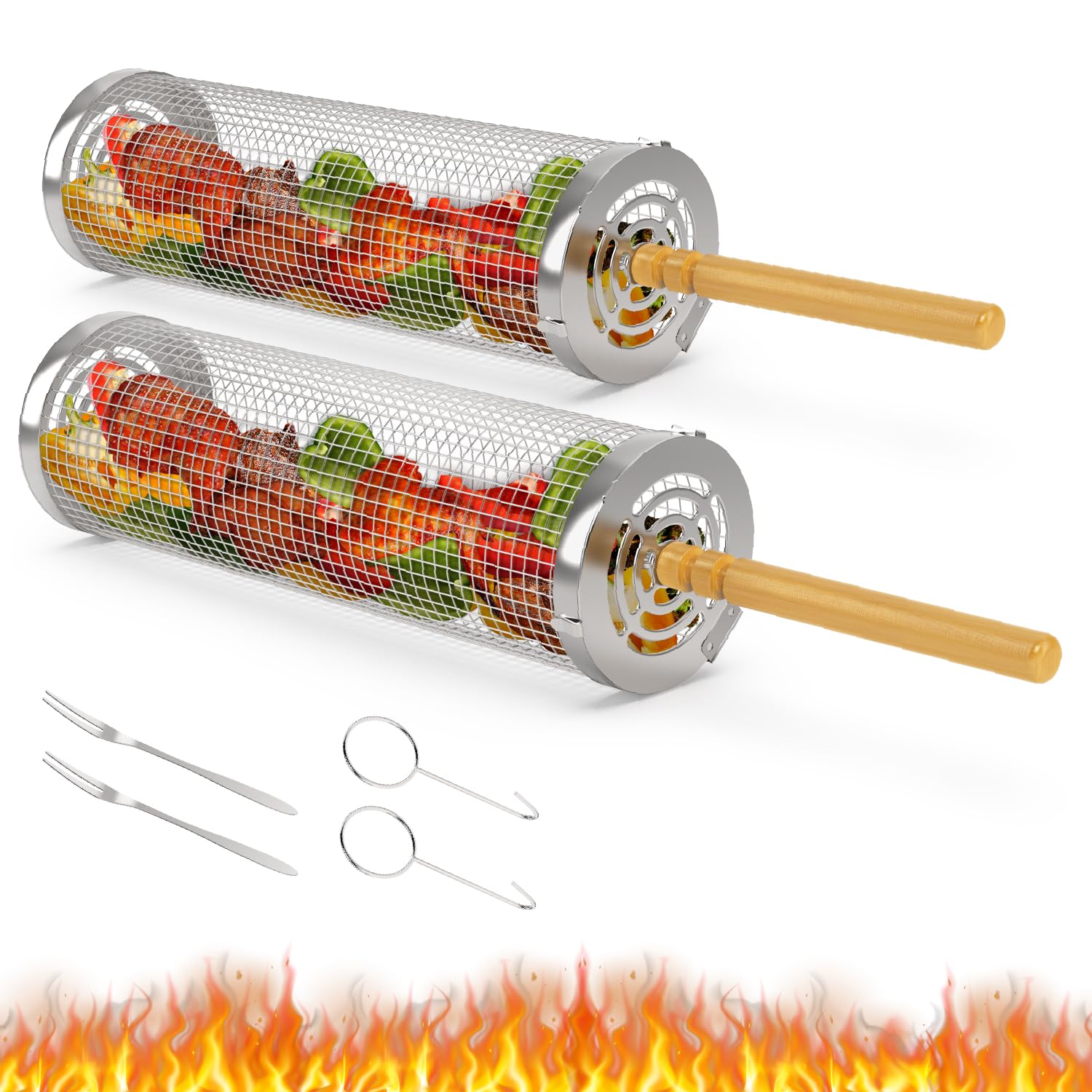 2PCS Rolling Grill Baskets, Portable Grilling Cage with Fork, Cooking bbq accessories for Outdoor Grilling, For Meat Fish Vegetables, Stainless Steel, Basket for Bbq Enthusiast