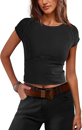 LAMISSCHE Cropped T Shirts for Women Cap Sleeve Tops Fitted Shirts