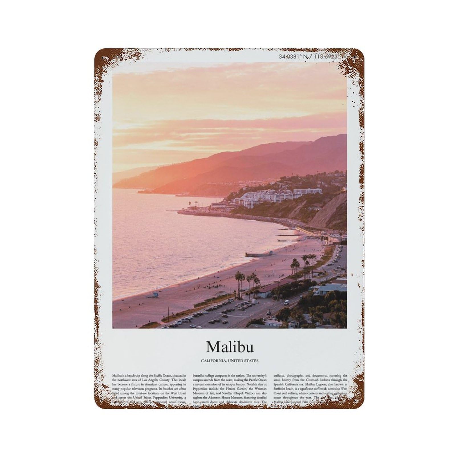 xiaoxiaoshen Malibu California, United States, USA City Scenery Wall Decor Art Metal Tin Poster Modern Home Decor Art Home Bar Shop Decorations Vintage Sign 40x30cm