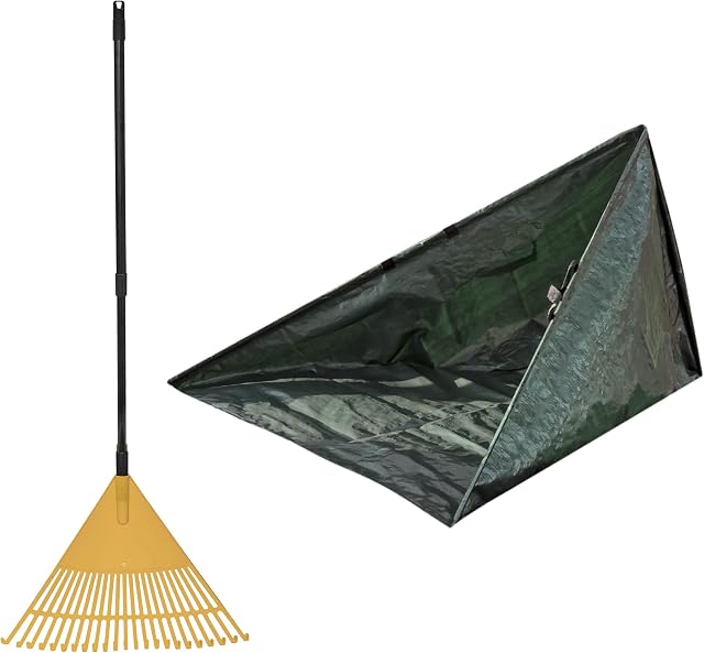 Brackit Leaf Rake and Reusable Self-Standing Bag Set  With Adjustable Handle and Wide Head with 23 Teeth - For Leaves, Grass, Plant and Garden Maintenance