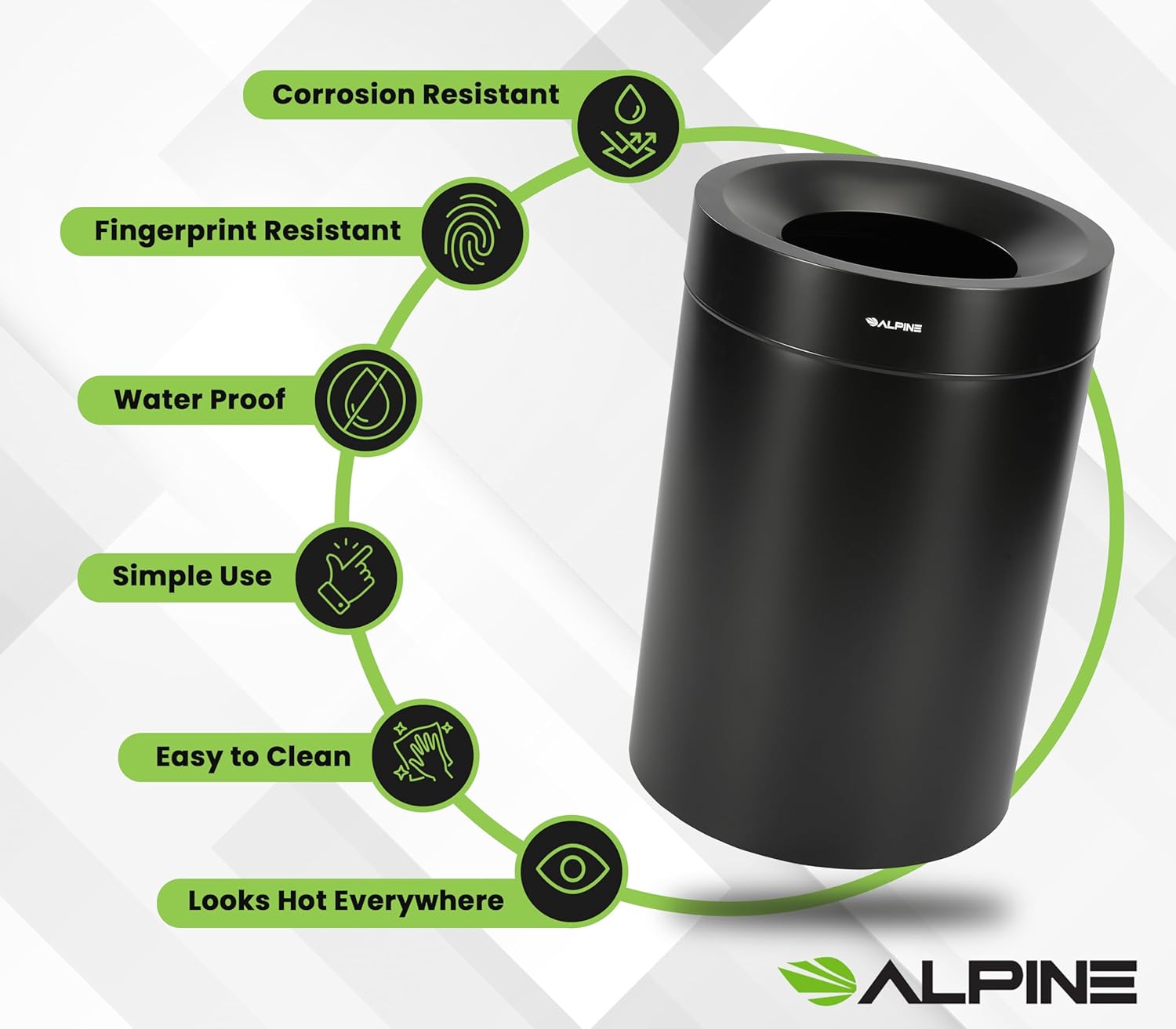 Alpine Industries Commercial Stainless Steel Trash Can – Open Top 50-Gallon Heavy-Duty Garbage Can, Modern, Round, Large Waste Receptacle for Indoor Use High-Traffic Areas - Matt Black