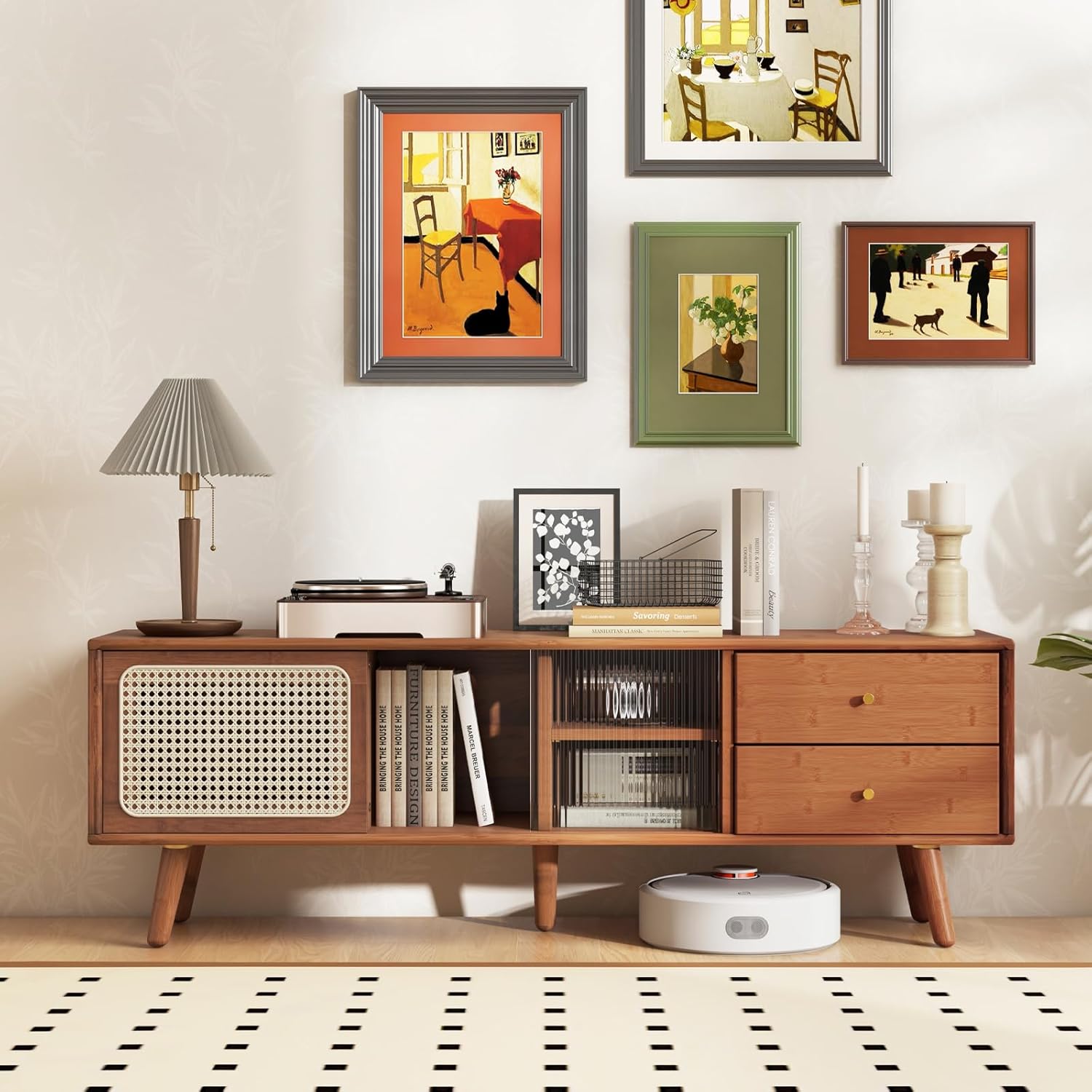 Tangkula Mid Century Modern TV Stand for TVs up to 65", Bamboo Entertainment Center w/Glass & PE Rattan Sliding Doors, 2 Drawers, Adjustable Shelf, Wood Legs, Media Console (Bamboo 2-Walnut)