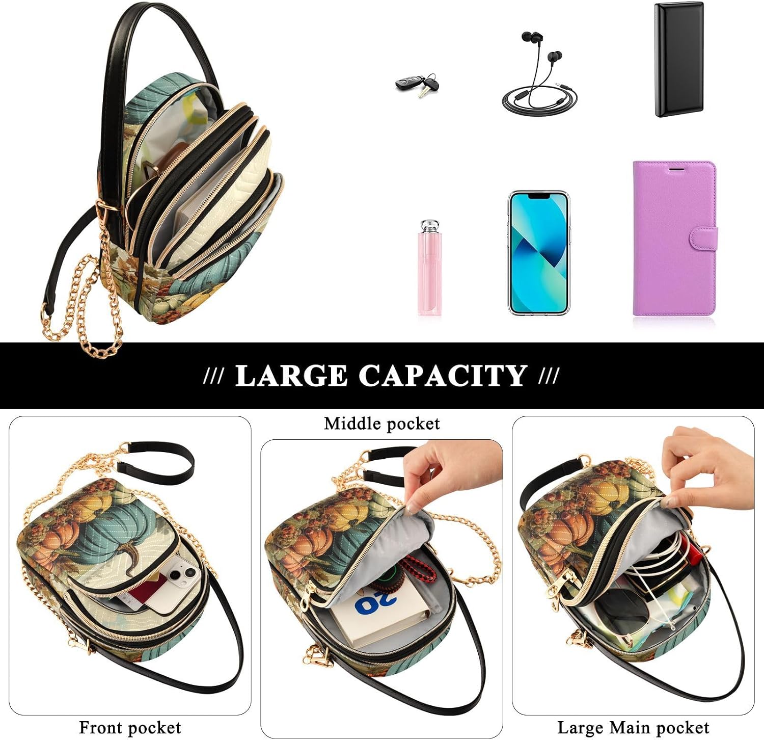 Vintage Thanksgiving Harvest Pumpkin Quilted Crossbody Bags for Women – Vegan Leather Purses Small Shoulder Handbags with Chain Strap