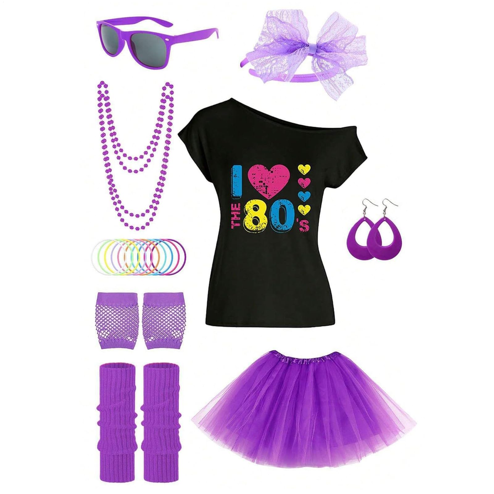 Conjunto genérico de traje de mujer de los años 80 para mujer, traje de mujer de los años 80, guantes leggings tutu falda, traje de cosplay 1980, top con hombros descubiertos, conjunto de accesorios