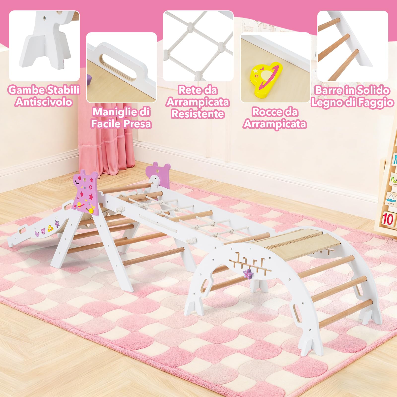 RELAX4LIFE Set da Arrampicata per Bambini, Triangolo di Arrampicata con Scivolo e Arco, Gioco di Incastri in Legno, Gioco Montessori per Bambini 1+ Anni (Unicorno-4 Pezzi | Bianco)