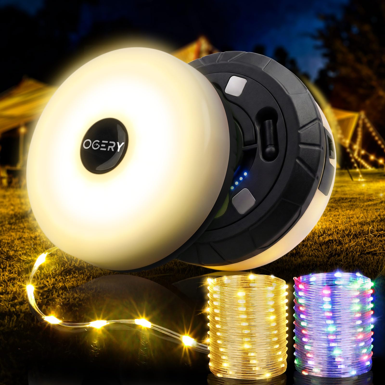 OGERY 2er-Pack Camping-Lichterkette, 100 m, wiederaufladbare Weihnachts-Lichterkette für drinnen und draußen, 8 Modi, 4-in-1, schnelle Aufbewahrung, tragbare Lampe für Weihnachtsbaumdekoration, Party | Tragbare wiederaufladbare Lichterkette, wasserdicht,