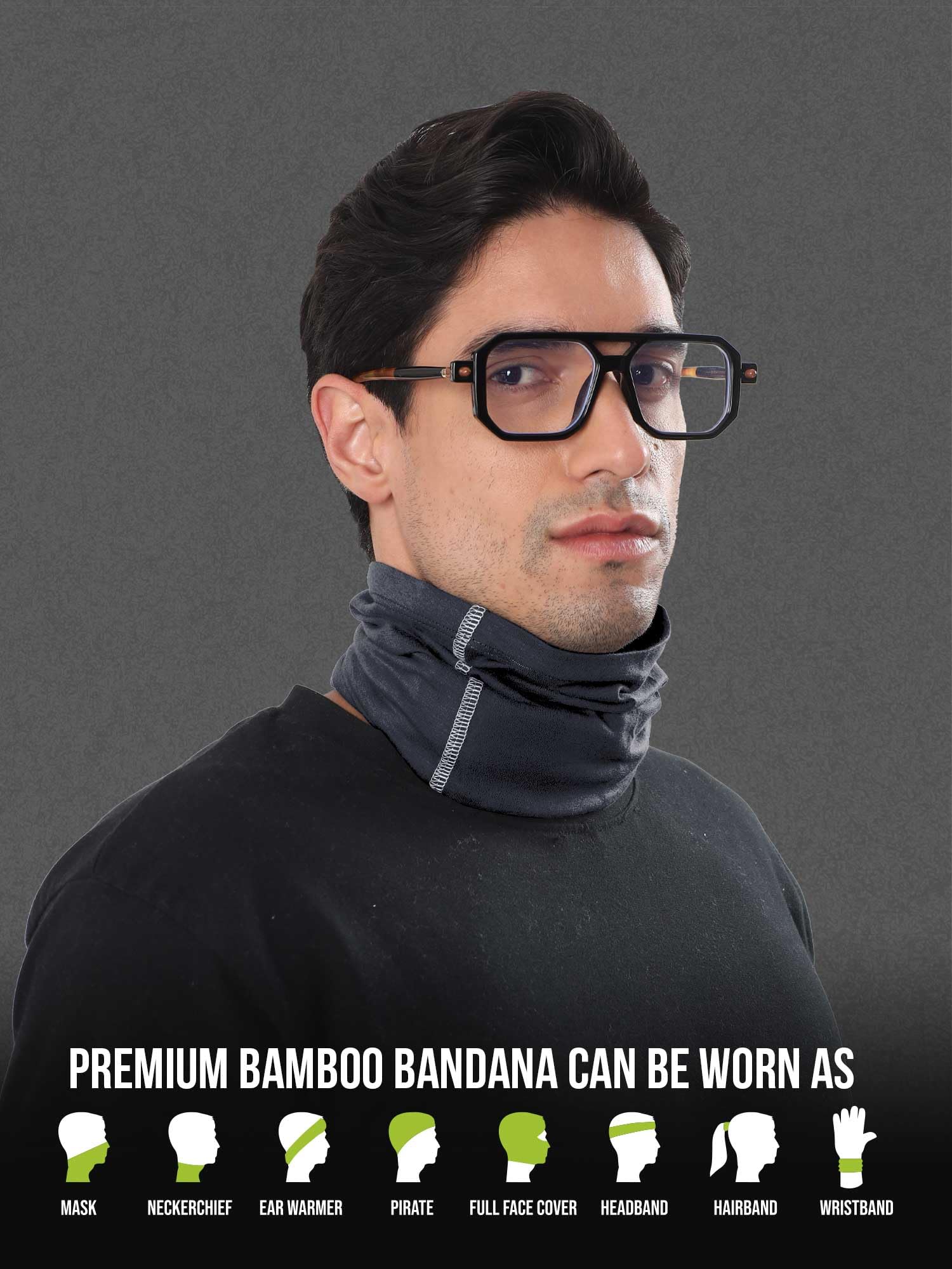 Freecultr Unisex Bamboo Bandana, Anti Microbial Super Soft & Comfort Fit, Breathable Multipurpose Headband, Face Mask for Dust Protection and Sun - Printed Pack of 1-Charcoal 1