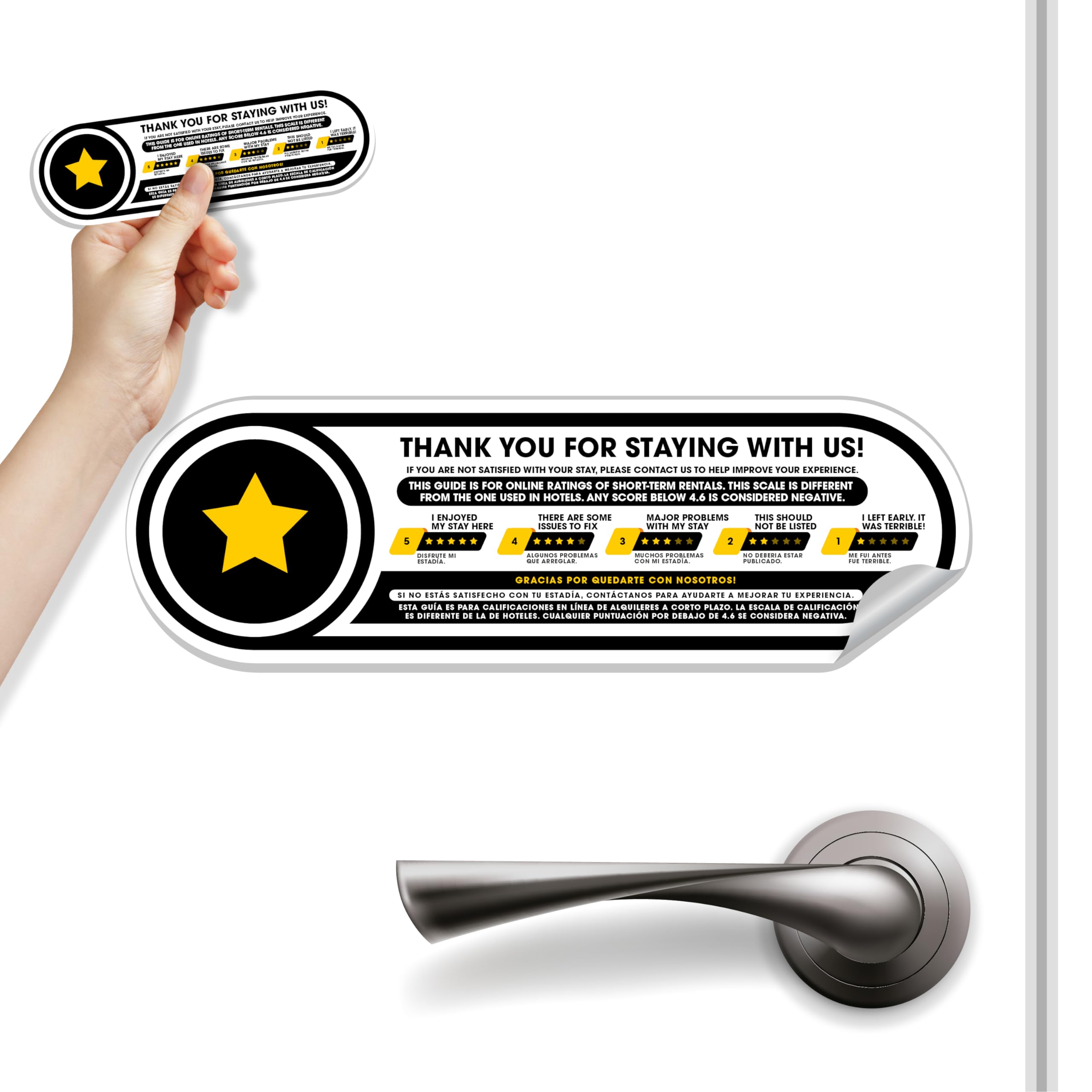 Bilingual Short Term Rentals (STR) 5 Star Rating Explanation Guide Small Sticker | STR Rating System Guide Sticker | 8x2.5 inches Permanent Matte Vinyl Sticker | Short Term Rentals Hosts Essential