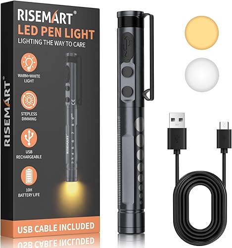 RISEMART Luz de bolígrafo para enfermera, luz LED médica recargable, blanco cálidofrío y atenuación continua, luz médica portátil para enfermera,