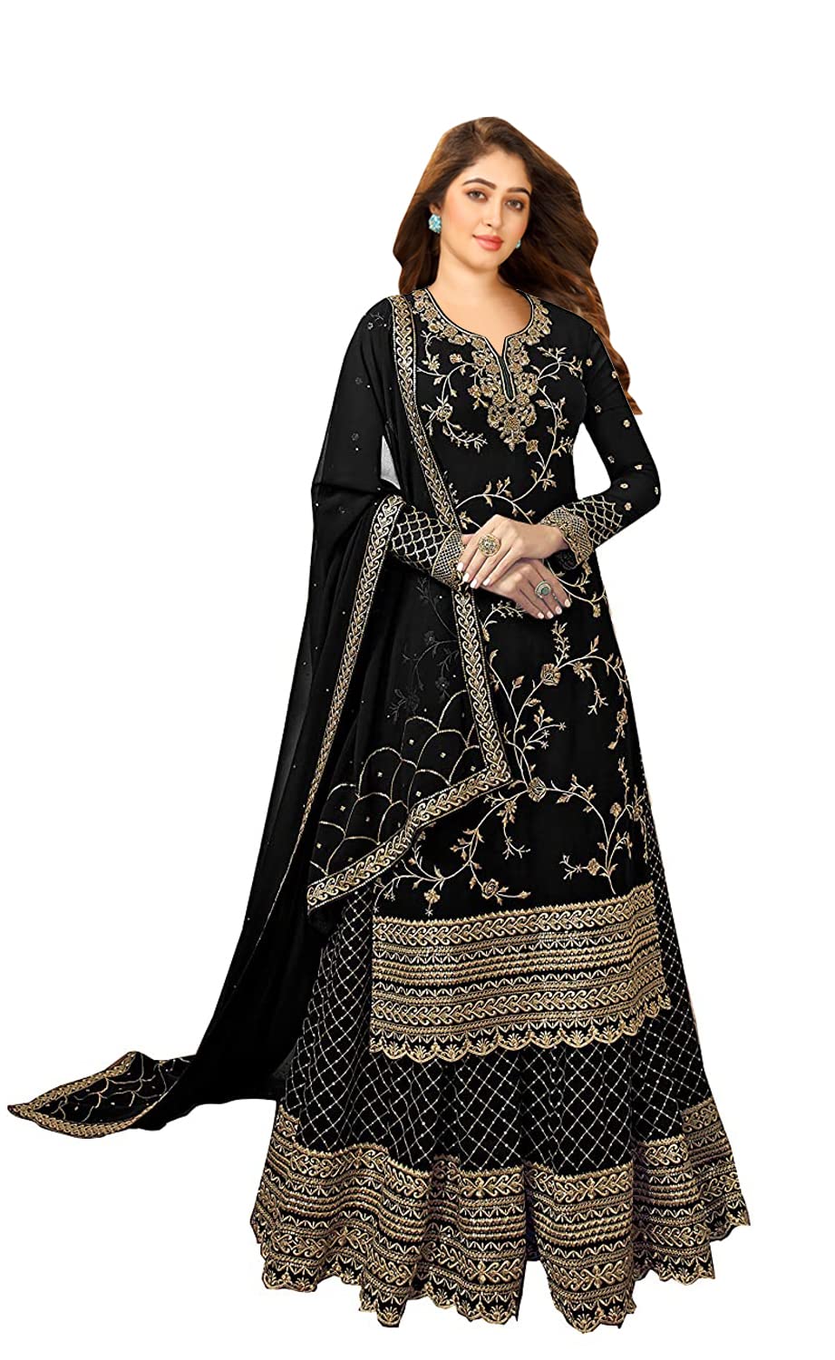 Miss EthnikWomen's Faux Georgette Semi Stitched Top With Stitched Faux Georgette Bottom and Faux Georgette Dupatta Embroidered Straight Kurta Dress Material (Kurta Palazzo Set)