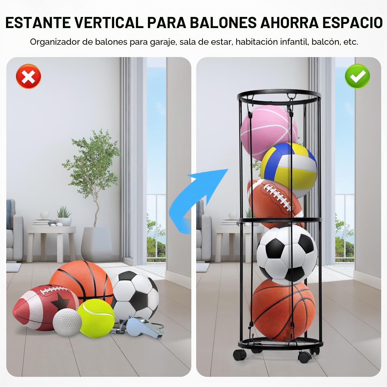 Soporte de Pared para Pelotas de Fútbol, Organizador de Garaje para Equipos Deportivos, Soporte Desmontable con Ruedas y Almacenamiento de Bolas