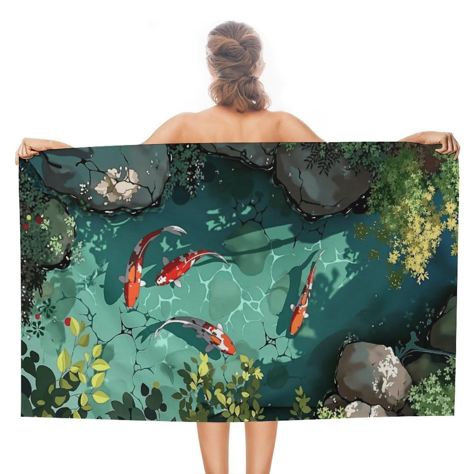 Anceky Koi Pond Beach Towel Microfiber Soft Absorbent Oversized Large Bath Towel Blanket Thin Quick Dry for Adults Swimming Pool Yoga Gym Travel 51"X31"