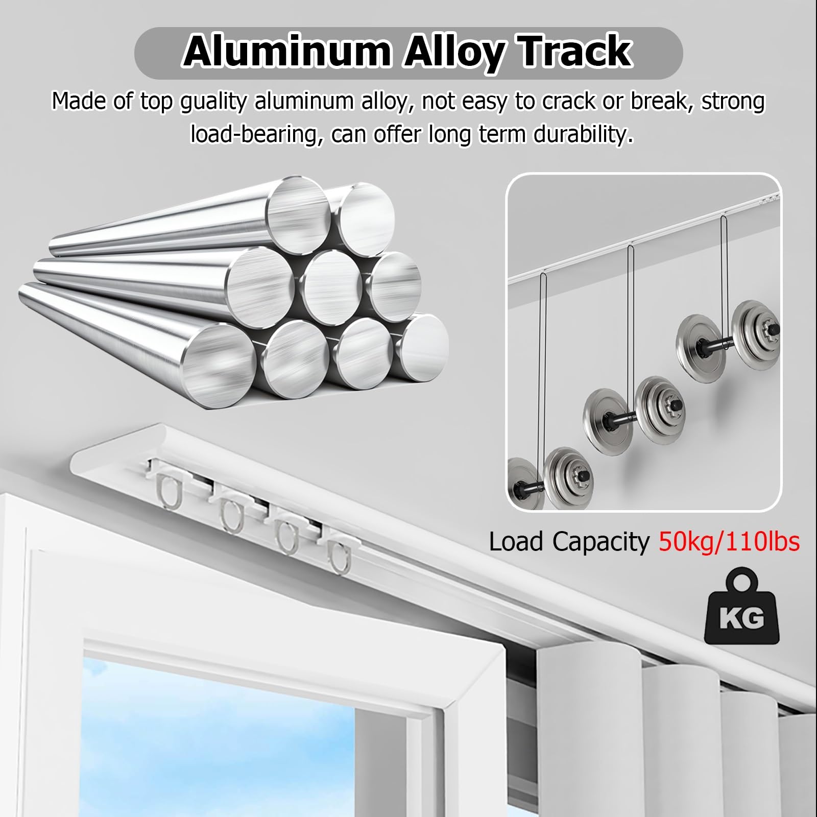 Heavy Du ain Track - Soporte de techo, riel deslizante delgado de aleación de aluminio de 40 pies con accesorios Clete para un uso suave, ideal para uso doméstico y de oficina