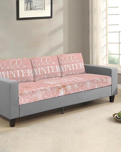 Miniatura 2 de Pink Hello Winter Couch Cushion Covers, Stretch Sofa Cover with Elastic Bottom, Xmas Winter Snowflake Yellow Pink Sofa Slipcovers Protector Washable