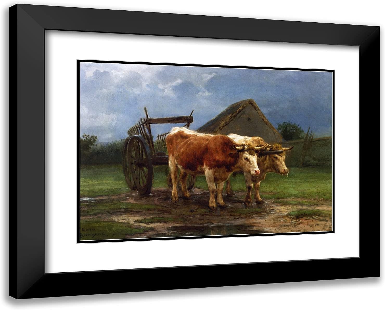 ArtDirect Bonheur Rosa 24x19 Gold Ornate Framed Art Print with Double Matting Titled: Oxen Pulling a Cart