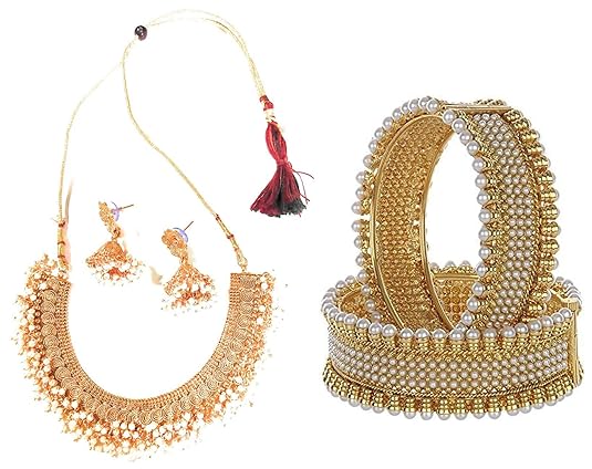 YouBella Jewellery Exclusive Gold Plated Pearl Studded Traditional Temple Necklace Set for Women/Jewellery Set with Earrings for Girls and Women and YouBella Gold Plated Pearl Bangle Set for Women