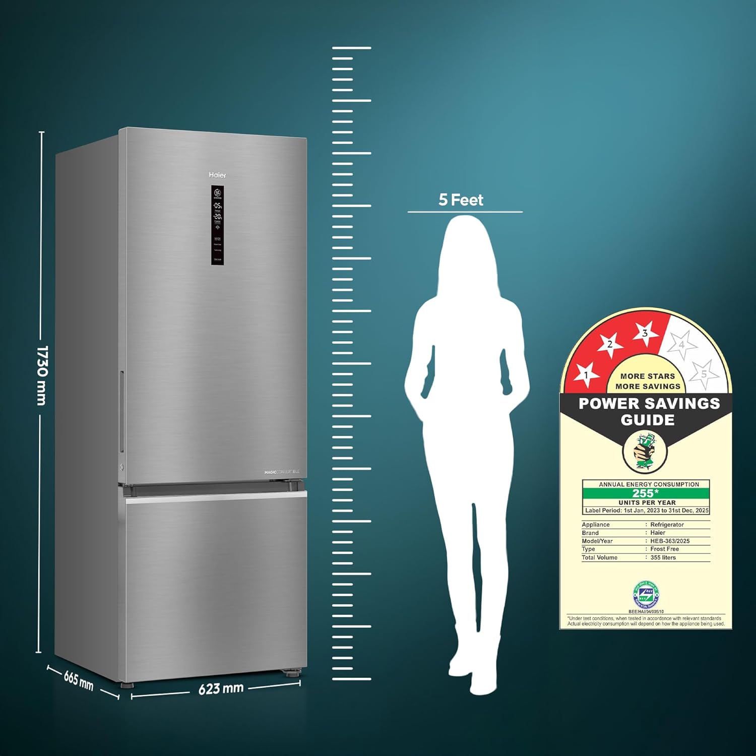 Haier 355 L 3 Star Frost Free Bottom Mount Double Door Refrigerator|Convertible 14-in-1|Jhukna Mat-Bottom Freezer|Digital Display Panel|Triple Inverter|Twist Ice Maker (HEB-363TS-P, Inox Steel) - Image 6