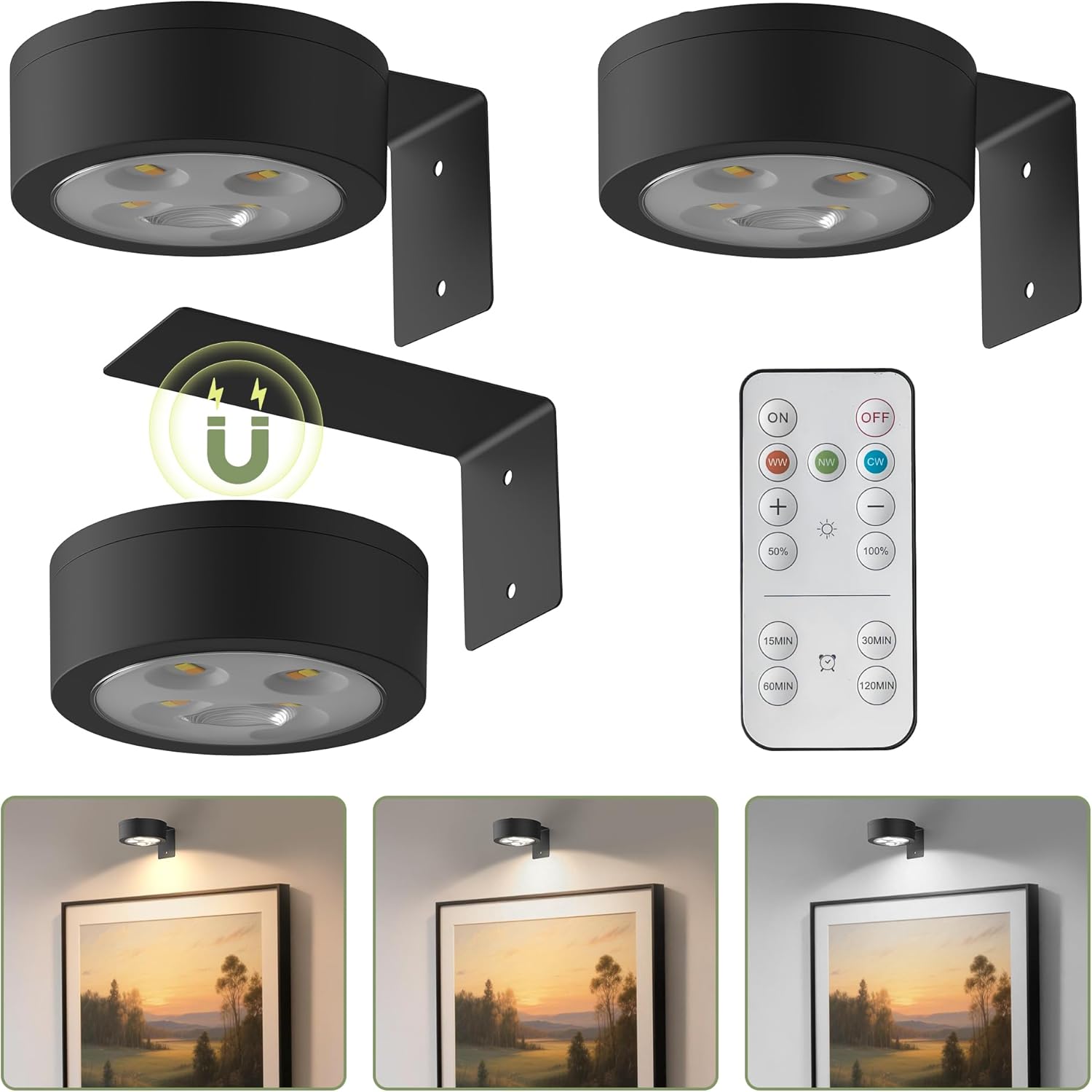 L LOHAS LED Black Battery Operated Picture Light, 3Pcs Magnetic Led Painting Light with Remote Dimmable and Timer, Art Display Light for Picture Frame Paintings, Wireless Wall Decor Puck Lights, 3CCt
