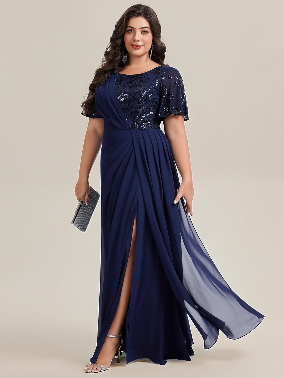Ever-Pretty Plus Sequin Plus Size Mother of Bride Dress for Curvy Women Floor Length Formal Evening Dresses