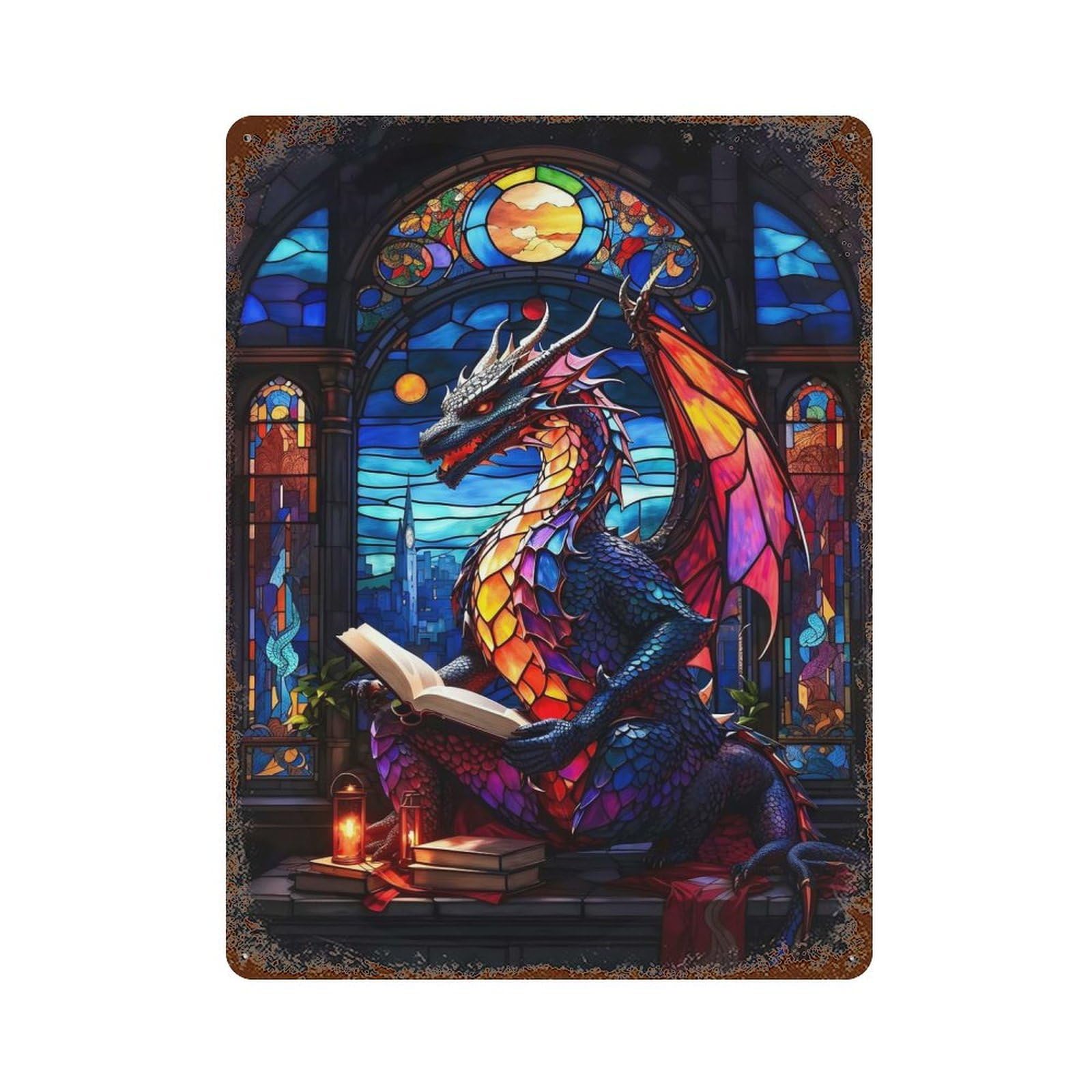 Distressed Metal Wall Sign with Dragon Reading Book Design 15.7"x11.8", for Living Room, Hallway And Home Decor, Vintage Wall Decor