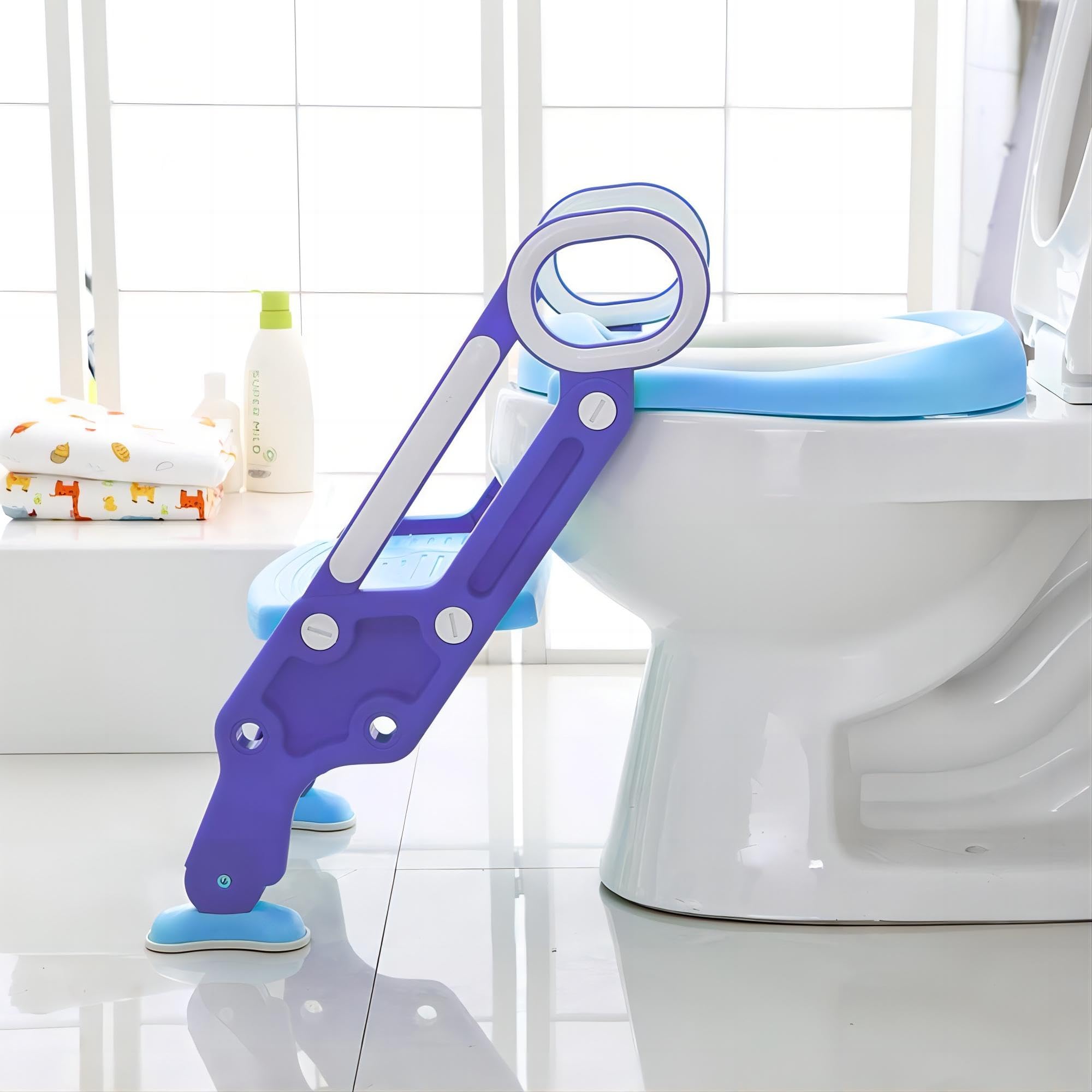 Sedile WC per bambini per WC per adulti, riduttore per WC pieghevole, con cuscino e maniglia, per WC per bambini con scala regolabile a 2 piani (blu e lilla)