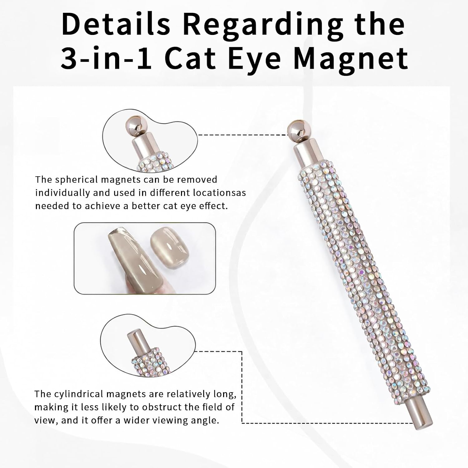 WOKOTO 3 In 1 Cylinder And Bead Cat Eye Magnet For Nails, Full Rhinestone Handle Cylinder Nail Magnet With Round Magnetic Bead Magnet For Cat Eye Gel Polish Magnet For Magnetic Nails Home DIY Salon