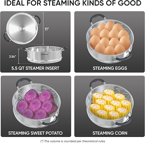 Miniatura 9 de SUNHOUSE - Ollas de vapor de 5.5 cuartos de galón con tapa, olla multiusos de acero inoxidable de 2 niveles con asa para verduras, albóndigas,