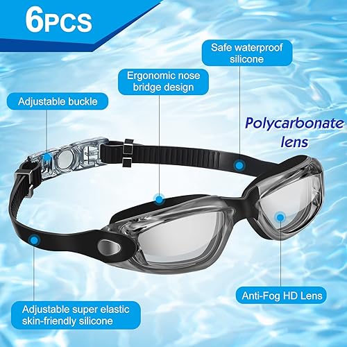 Miniatura 2 de Flutesan Paquete de 6 gafas de natación para adultos y niños, anti niebla, con tapones para los oídos, clip para la nariz, sin fugas, protección