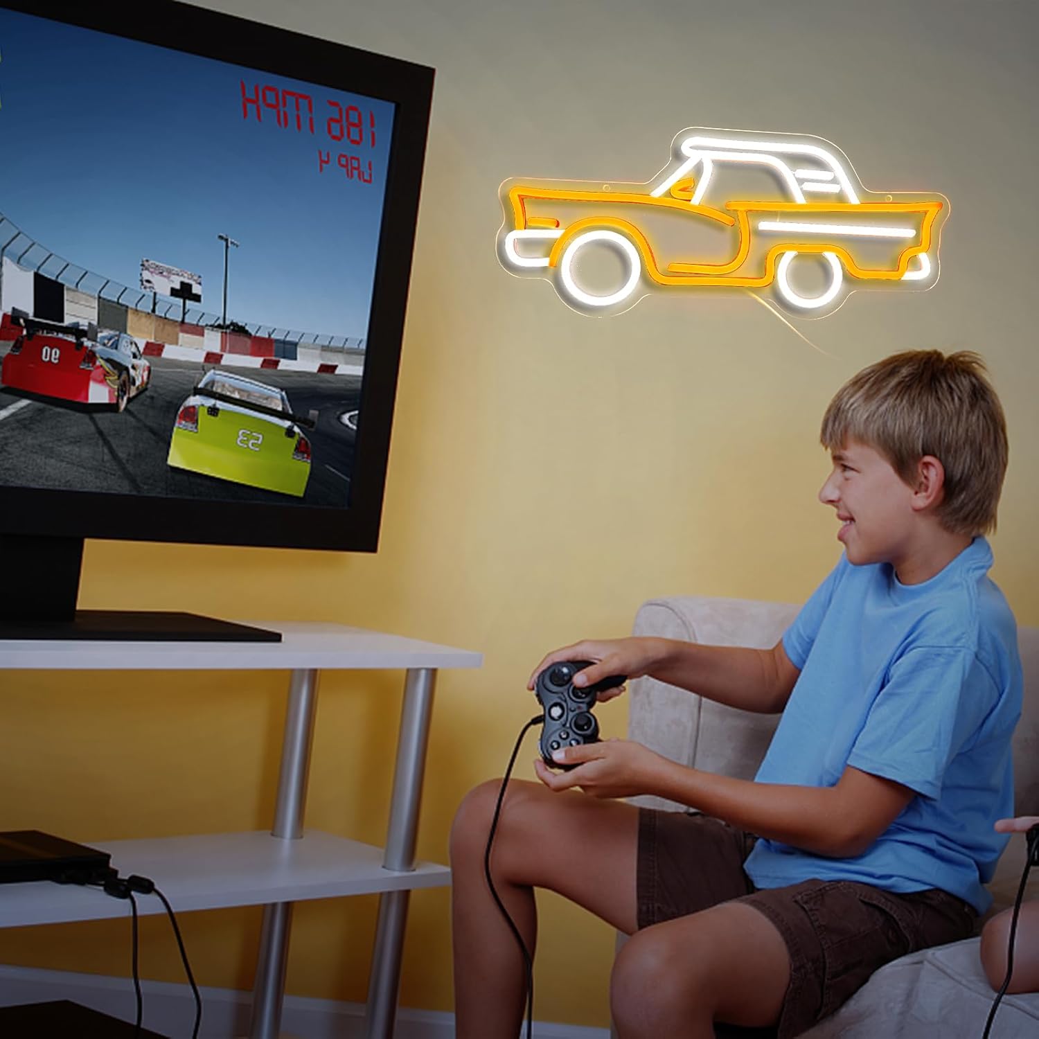 Car neon sign, Golden Yellow + White Led Signs USB Powered,For Bedroom Salon Bar Gym Garage Carpark Decor, Retro Car Led neon light sign(17.1x7.3in)