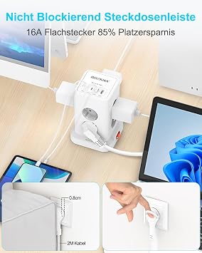 Multiple Socket with 4 USB 8-Way Socket Strip Flat Plug Surge Protection Socket Cube Multiple Plug Strip with Switch Socket Tower Distribution Socket 2 m Extension Cable