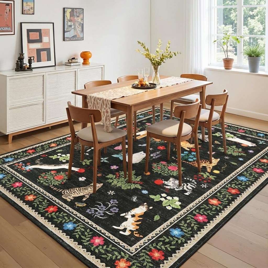 Garvee 9x12 Large Vintage Floral Rug for Living Room Washable Area Rugs for Kids Room, Non Slip Non Shedding Boho Animal Print Rug Stain Resistant Mats for Bedroom, Dining Room, Nursery, Black