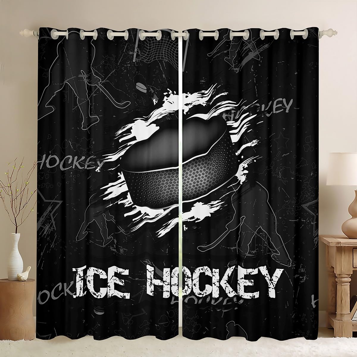 feelingyou Ice Hockey Curtains for Windows,Sports Gaming Theme Curtains for Living Room,Hockey Player Black Blackout Drapes 2 Panel Sets,66x72L