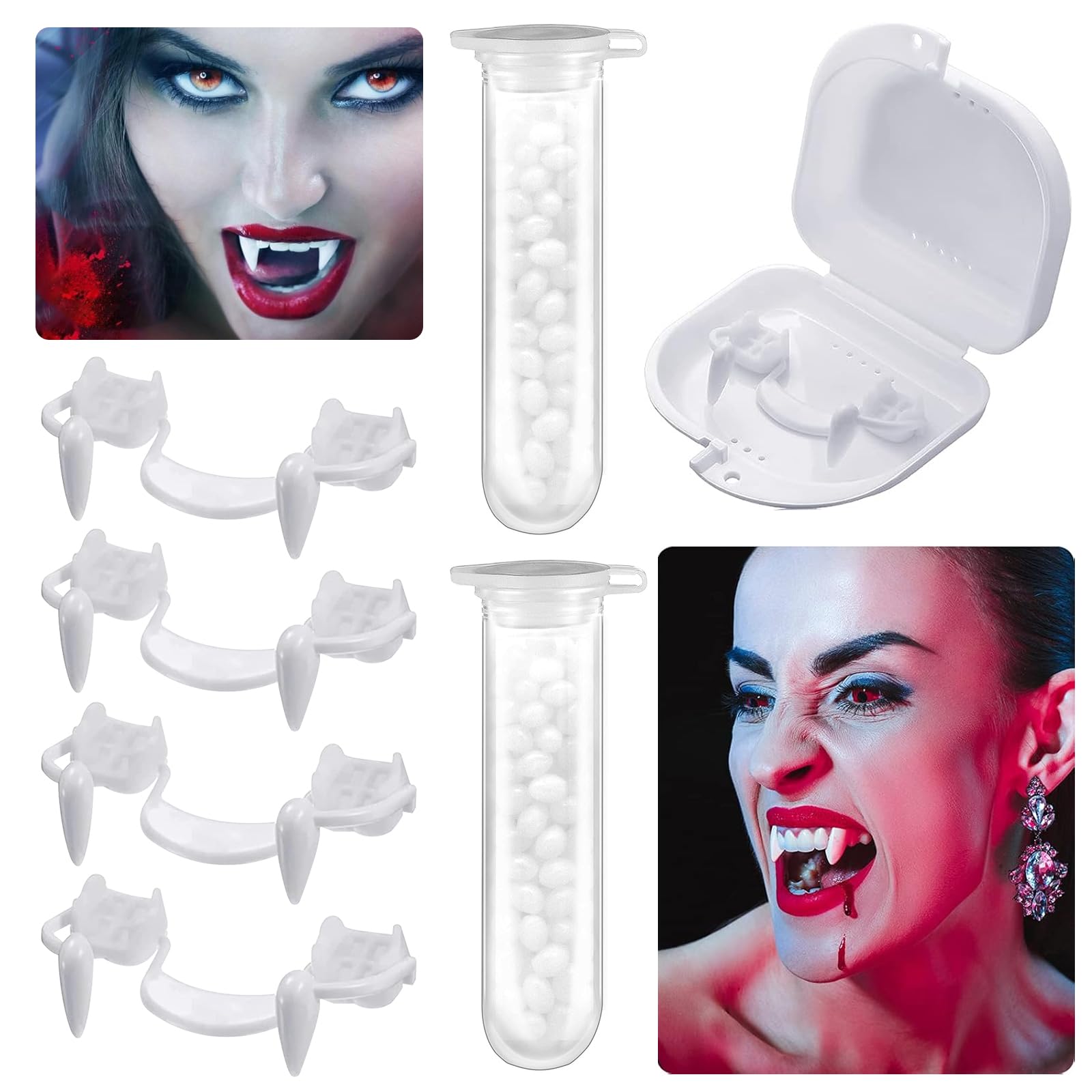 Juego De 4 Pares De Dientes De Vampiro Retráctiles Con Adhesivo, Colmillos Ajustables Para Halloween Y Cosplay, En Caja De Almacenamiento