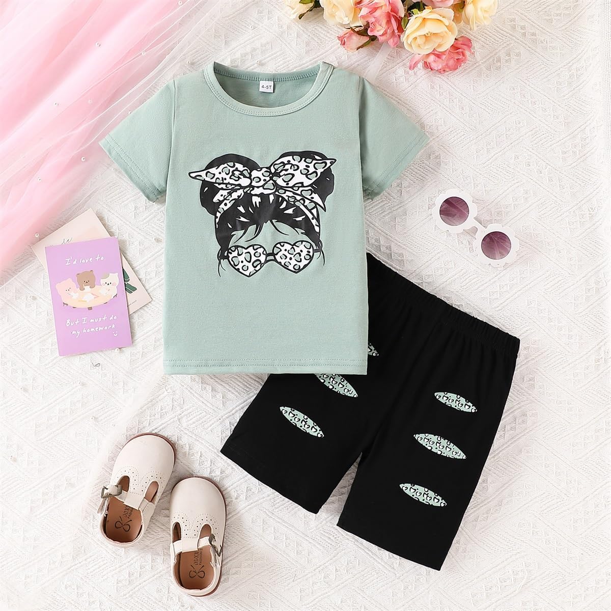 Kid Toddler Girl Clothes Summer Short Sleeve Figure Graphic Tee Shirt + Shorts Summer Outfits Set - Image 2