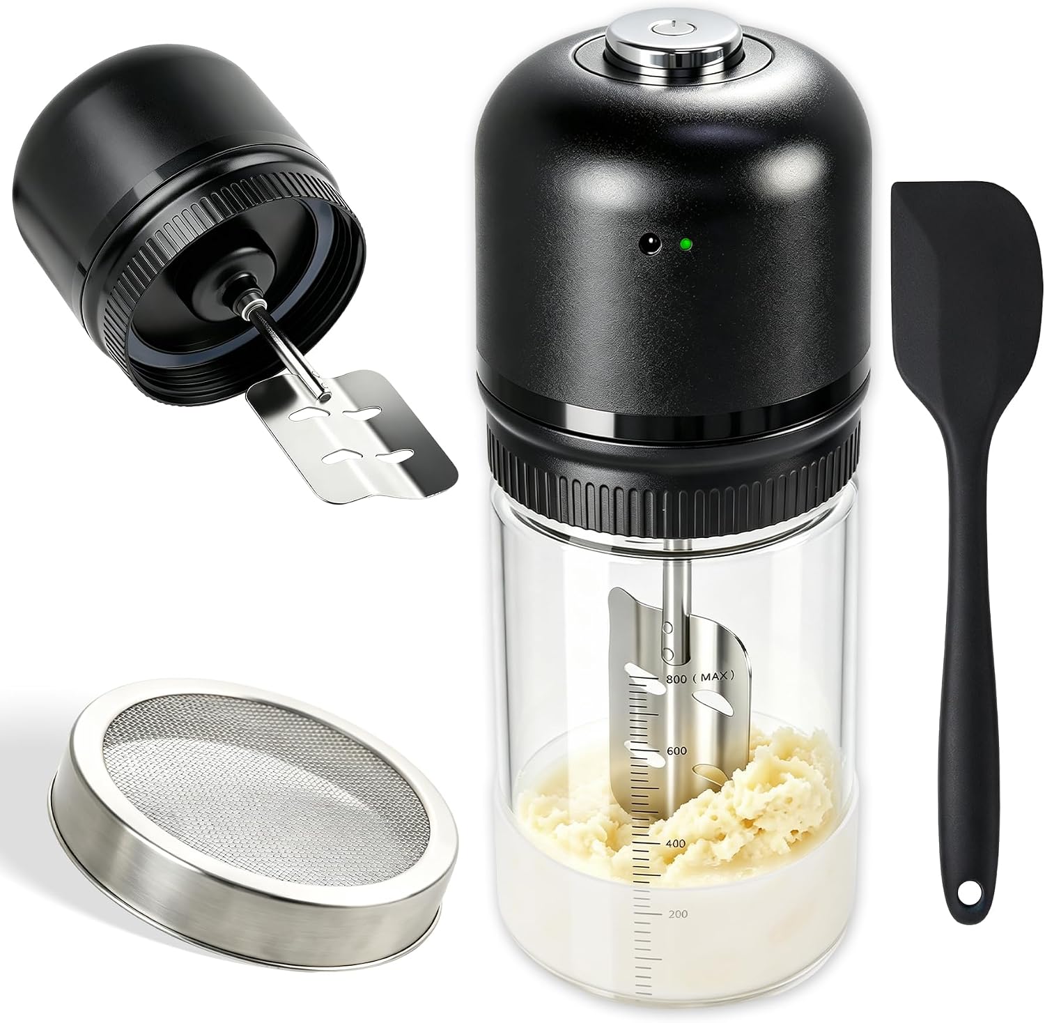 Electric Butter Churn, 34oz Glass Jar with a Sieve Lid & 1 Silicone Spatula