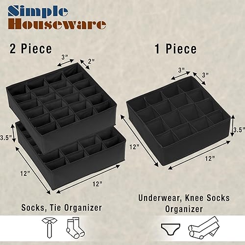 Miniatura 2 de Simple Houseware Organizador de Cajón de Calcetines para Cómoda/Armario/Dormitorio, Paquete de 3, Negro Negro,Gris