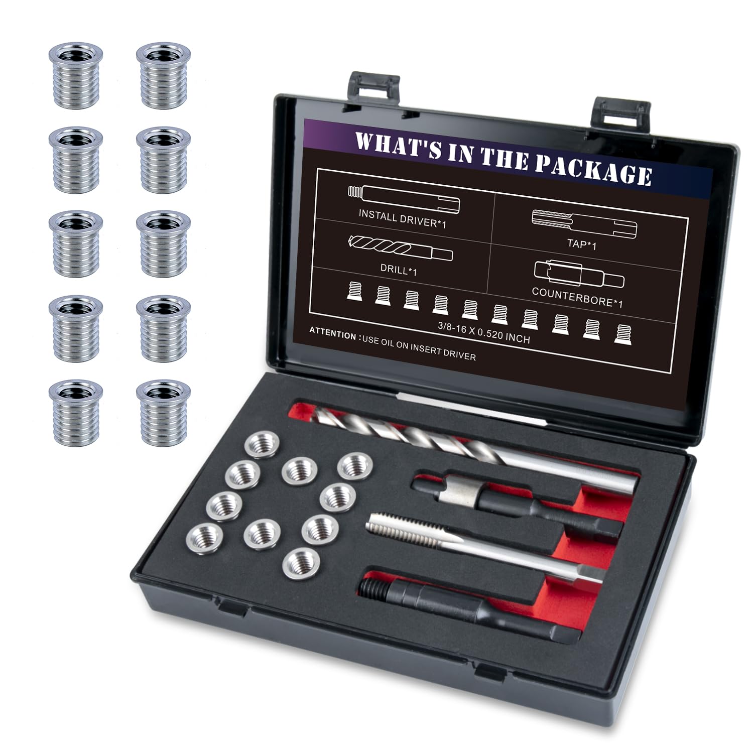 SENNMONN 3/8-16 SAE Thread Repair Kit with Insert HSS Drill, Tap, Counterbore, Installation Driver, 10PCS Stainless Steel Insert 3/8-16X0.520 INCH