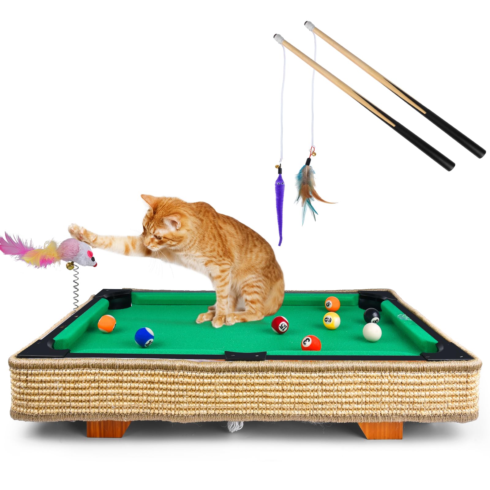 4in1 Cat Pool Table Toy?Multifunction Interesting Interactive Cat Toy with Side Scratching Mat/Feather Cue Stick/Spring Mouse Toy/Pool Balls,for Indoor Small Large Cats Kitten