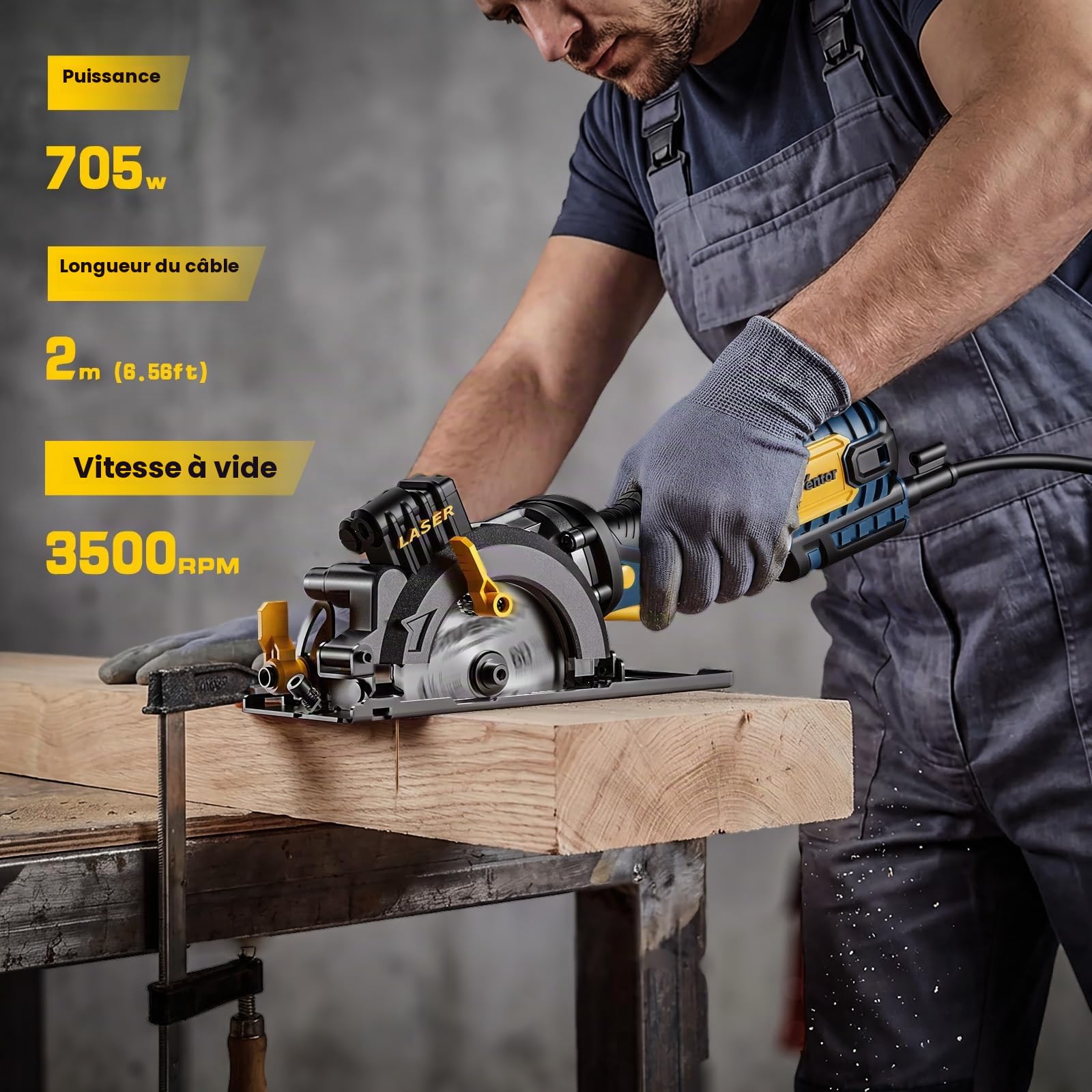 Enventor Mini scie circulaire avec guidage laser, 705W, 6 Lames(115mm)