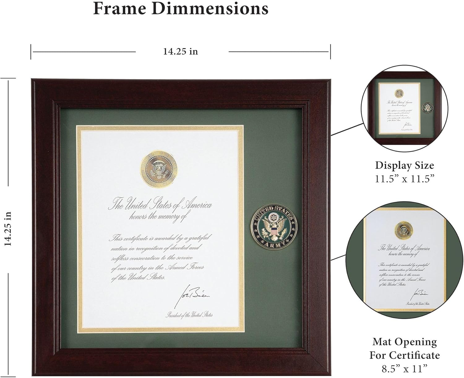 Allied Frame United States Army Presidential Memorial Certificate Frame with Medallion - 8 x 10 inch